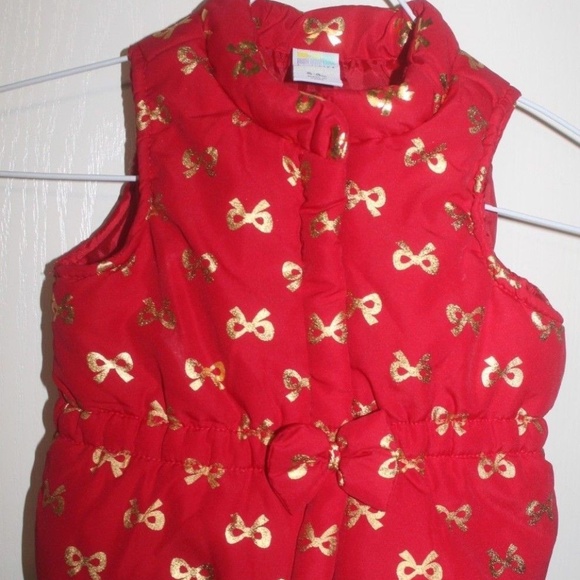 Healthtex Red puffer vest gold metallic bows zip front elastic waist 6-9… - Picture 1 of 5